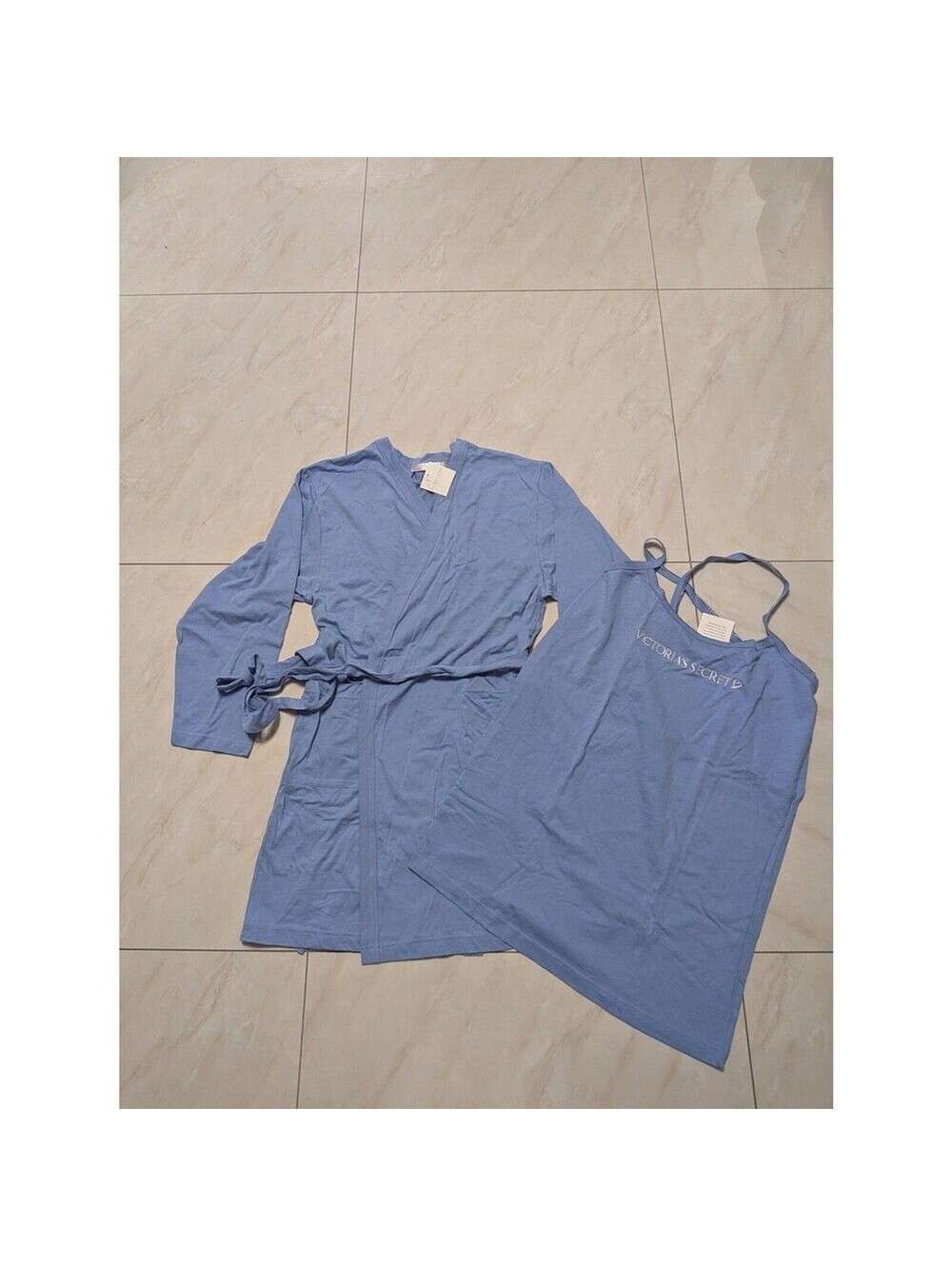 Victoria's Secret Robe Gown Set Womens S Blue Cotton Jersey Sleepwear Lounge